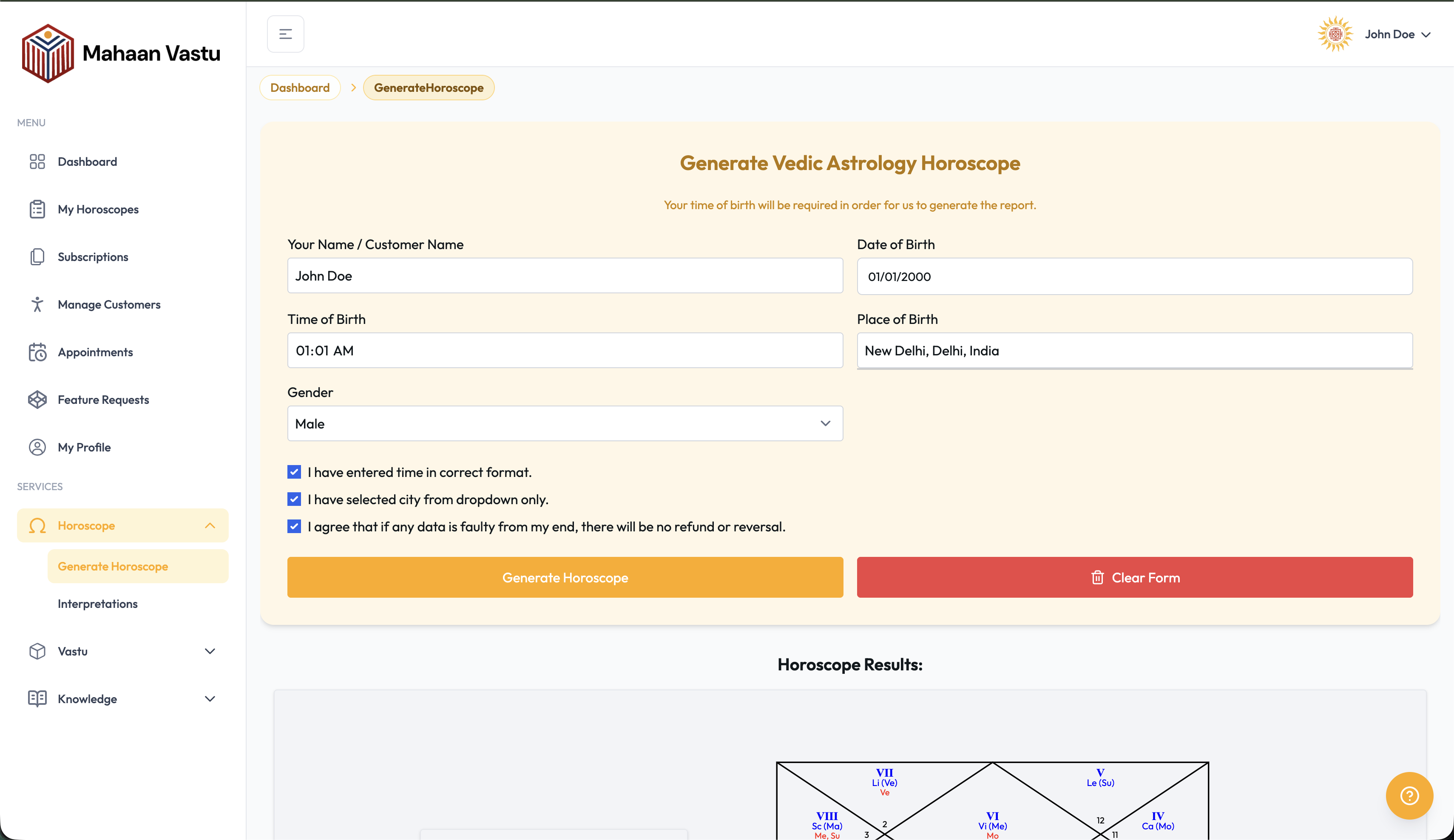 Mahaan Vastu Vedic horoscope chart generator software screenshot