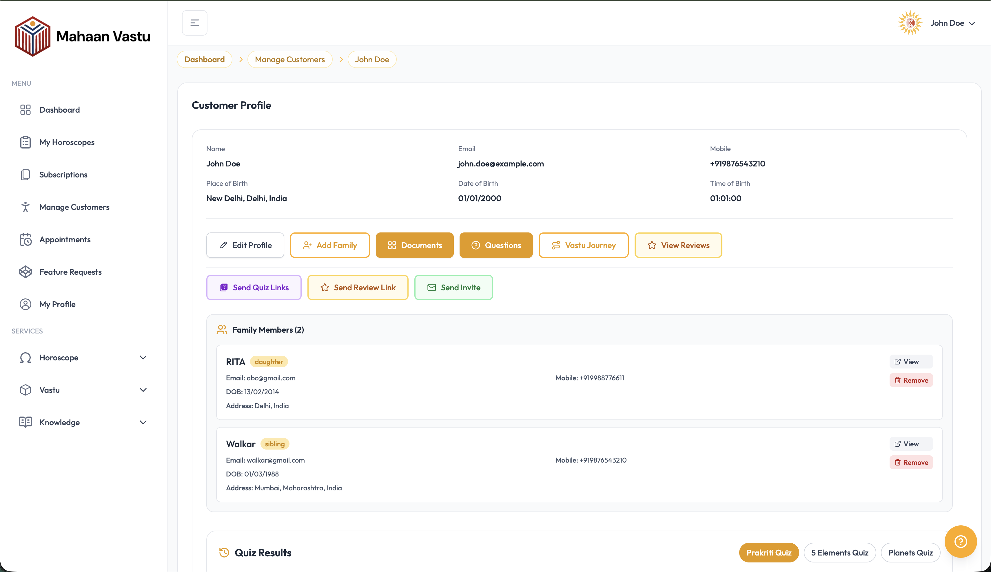 Mahaan Vastu client management suite dashboard screenshot